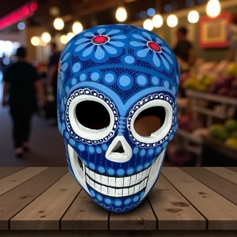 Mexican Clay Skull Hand painted Blue white New